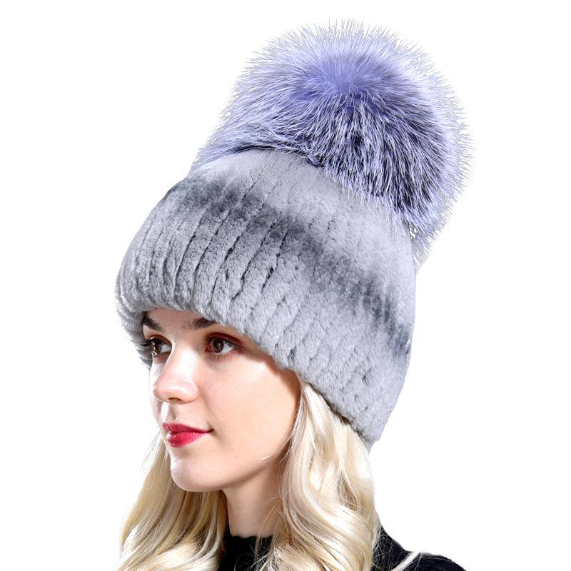 women's winter fur hats natural rex rabbit fur pompom knitted warm elastic fashionable fluffy thick outdoor genuine real fur hat - MRSLM