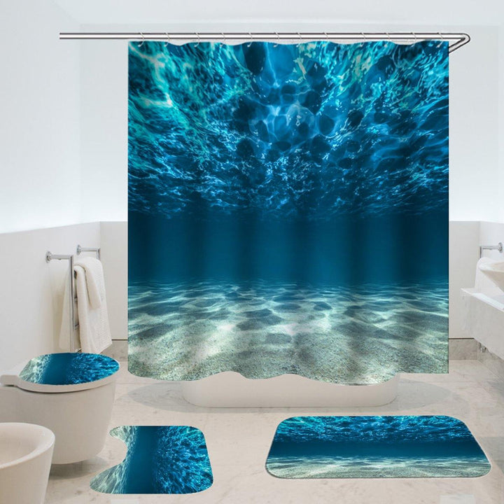 Blue Sea Ocean Style Bathroom Waterproof Shower Curtain Toilet Cover Mat Non-Slip Rugs Decor - MRSLM