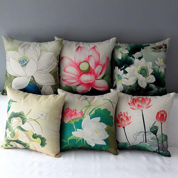 Chinese Ink Lotus Series Throw Pillow Case Cotton Linen Cushion Cover Home Sofa Decor - MRSLM