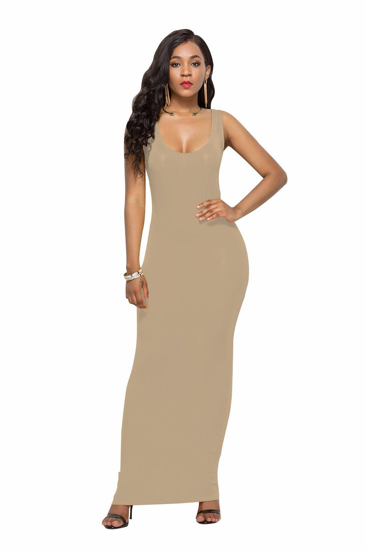 Elegant High Stretch Tank Robe Spring Summer Thin Long Dress O-neck Sleeveless - MRSLM