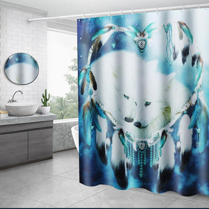 B68916 White Wolf Dream Catcher Bathroom Shower Curtain Lid Toilet Mat Cover Bath Floor Mat - MRSLM