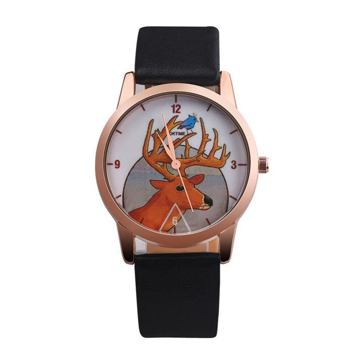 Fashion Christmas Deer Faux Leather Band Quartz Analog Wrist Watch Student Gift - MRSLM