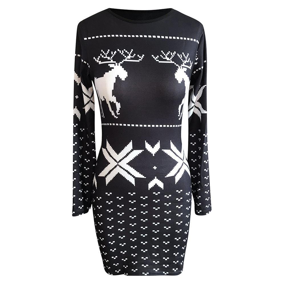 Christmas digital printing tight-fitting hip dress, long-sleeved thin T-shirt and skirt - MRSLM