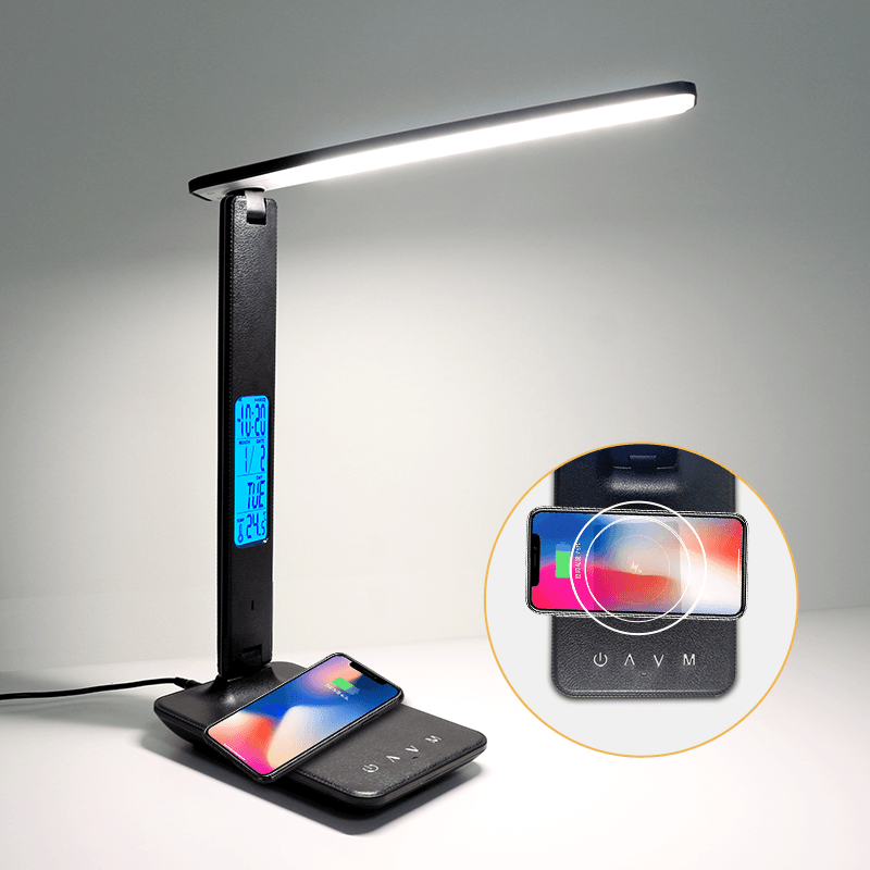 QI Wireless Charging LED Desk Lamp 10W with Calendar Temperature Alarm Clock Eye Protect Reading Light Table Lamp - MRSLM