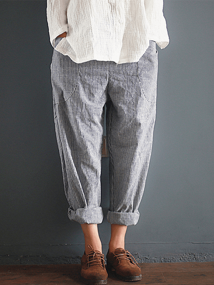 S-5XL Casual Stripe Pocket Elastic Waist Women Harem Pants - MRSLM