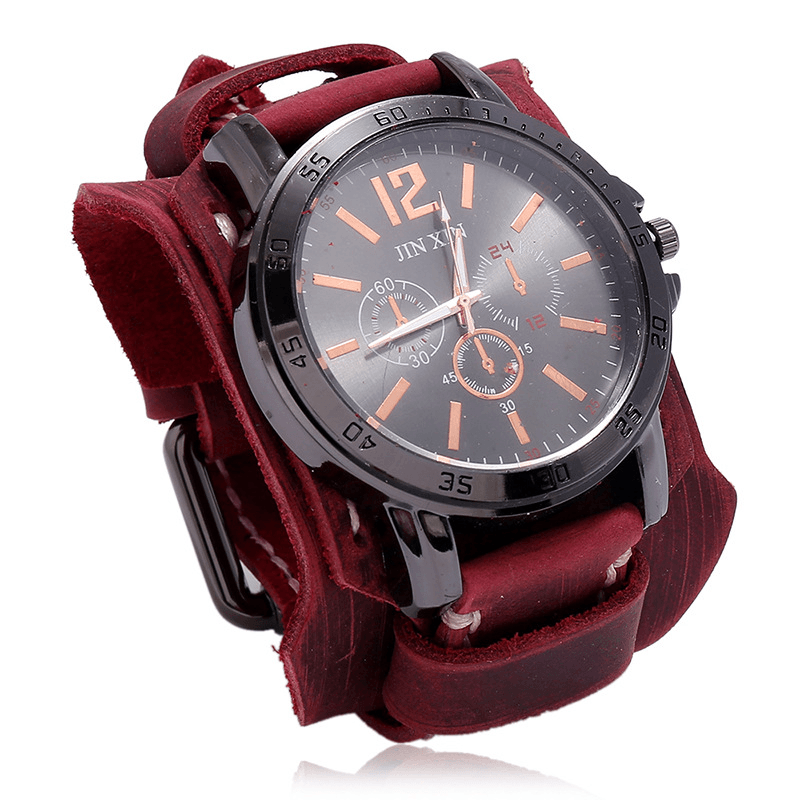 Deffrun Retro Style Decorative Three Dial Quartz Watch Cowhide Leather Band Men Wrist Watch - MRSLM