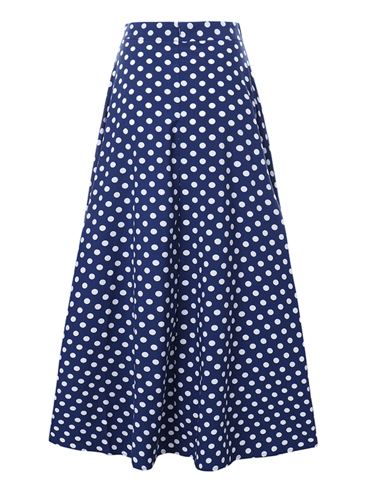 Women Polka Dot Print Loose Big Swing Side Pockets Casual Long Skirt - MRSLM