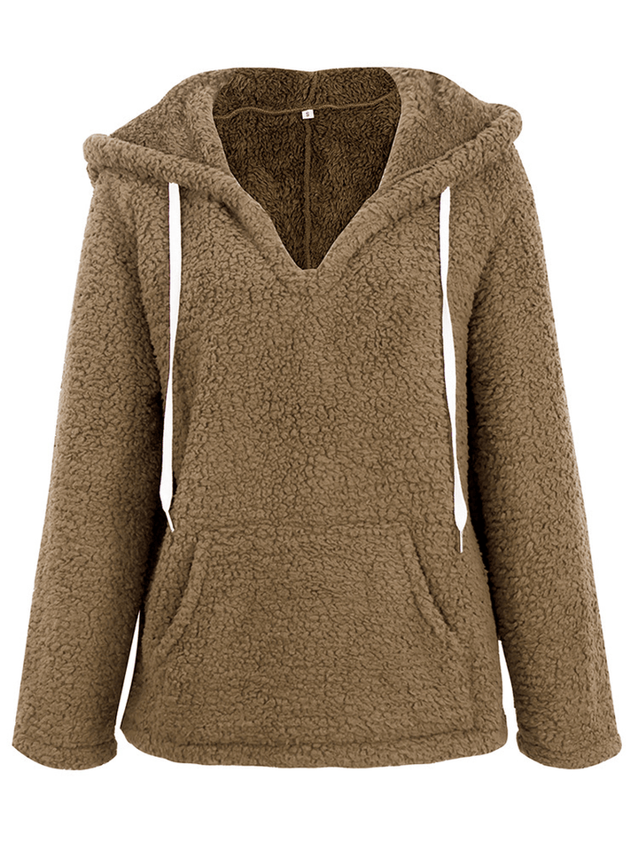 Women V-Neck Hooded Solid Color Fleece Coats - MRSLM