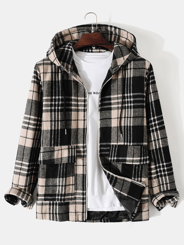 Men Plaid Zipper Double Pockets Button Drawstring Casual Long Sleeve Hooded Jackets - MRSLM