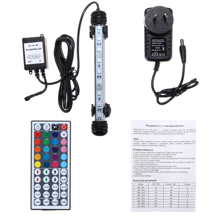 AC110-240V 18CM 5050 2.9W RGB LED Aquarium Fish Tank Light Color Changing Bar Submersible Lamp + 44Keys Remote Control - MRSLM