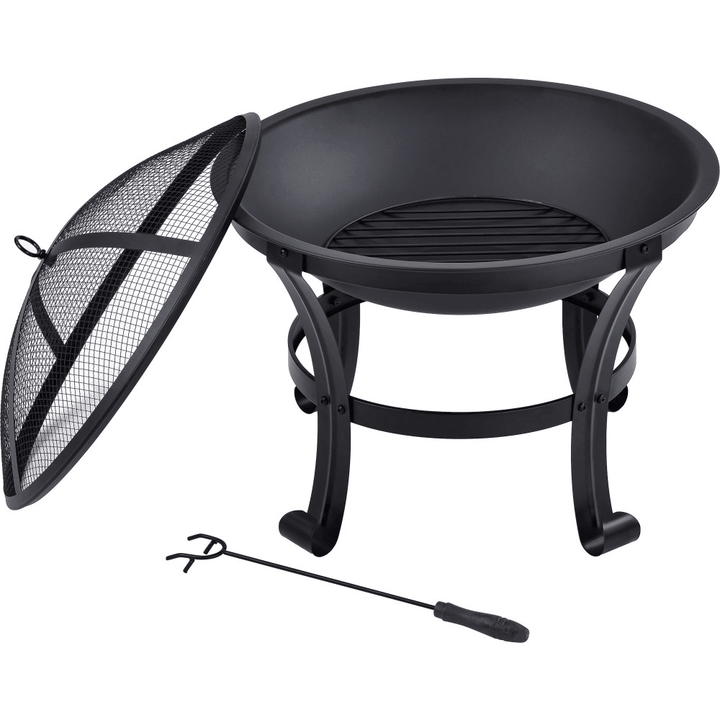 [US Direct] Outdoor Fire Pit Steel Wood Burning Camping BBQ Grill Heater with Spark Screen Cover for Beach Bonfire Picnic Backyard Garden - MRSLM