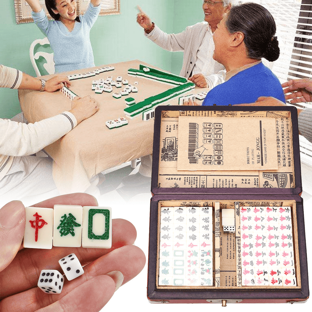 Chinese Mahjong Portable Retro Box Board Game Toy Rare 144 Tiles Mah-Jong Set in Leather Box - MRSLM