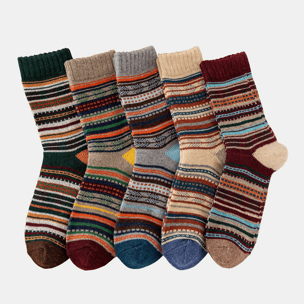 5 Pairs Men Rabbit Fur Wool Blend Geometric Striped Jacquard Color-Match Thicken Warmth Socks - MRSLM