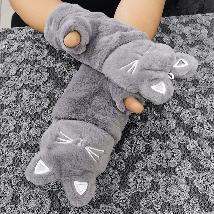 Women Plush plus Thicken Cute Cartoon Cat Pattern Keep Warm Half-Finger Gloves - MRSLM