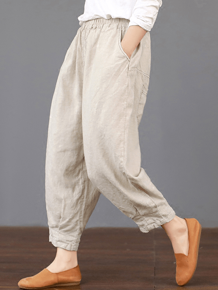 Women Solid Color Elastic Waist Loose Cotton Pants - MRSLM