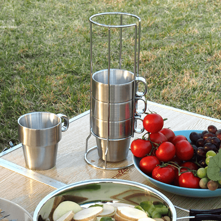 4 PCS Outdoor Portable Picnic Cups Stainless Steel Drinking Mugs Anti-Hot Tea Coffee Cup Set - MRSLM