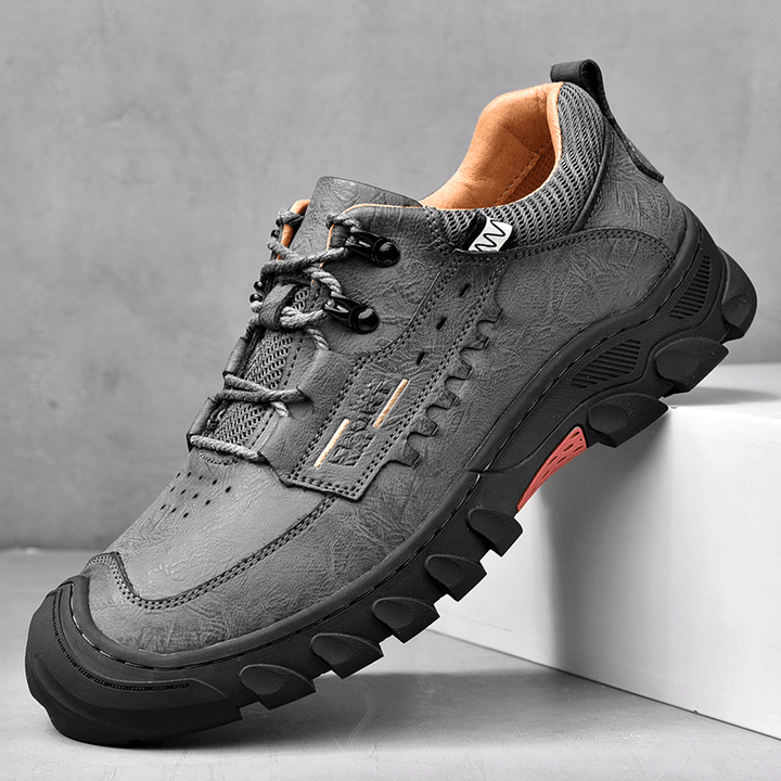 Men Genuine Leather Slip Resistant Lace-Up Casual Sport Hiking Shoes - MRSLM