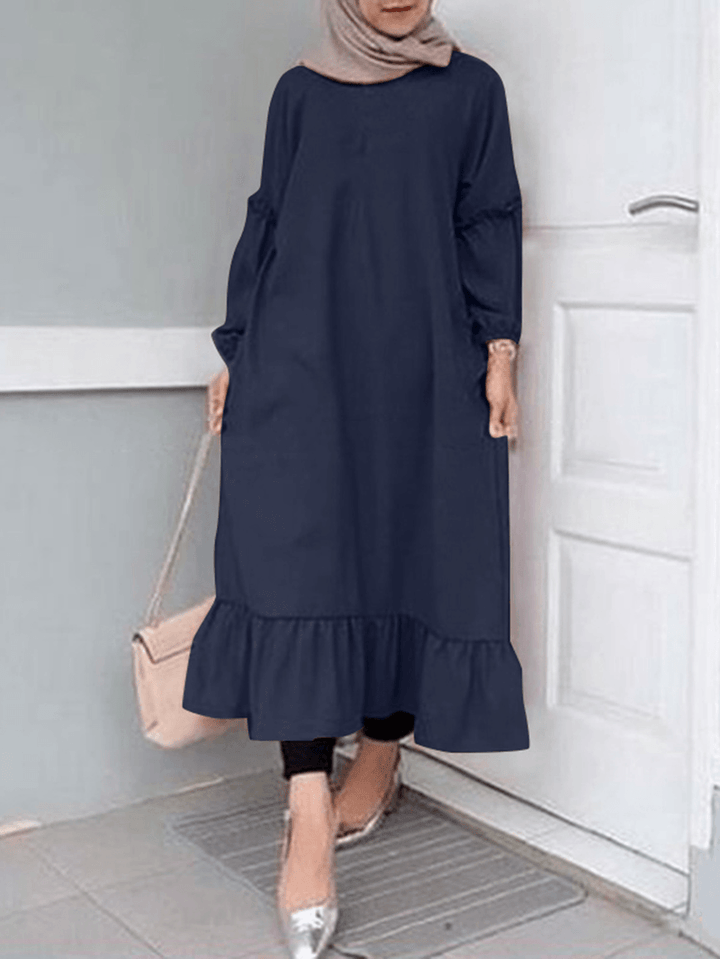 Women Ruffle Hem Trim Solid Color O-Neck Casual Elastic Cuff Shirt Maxi Dress with Pockets - MRSLM