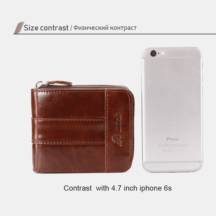 Men Genuine Leather Mini Retro Leather Coin Card Holder Zipper Wallet - MRSLM