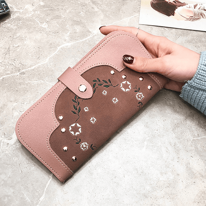 Women Dull Polish PU Leather Flower Pattern Long Wallet - MRSLM