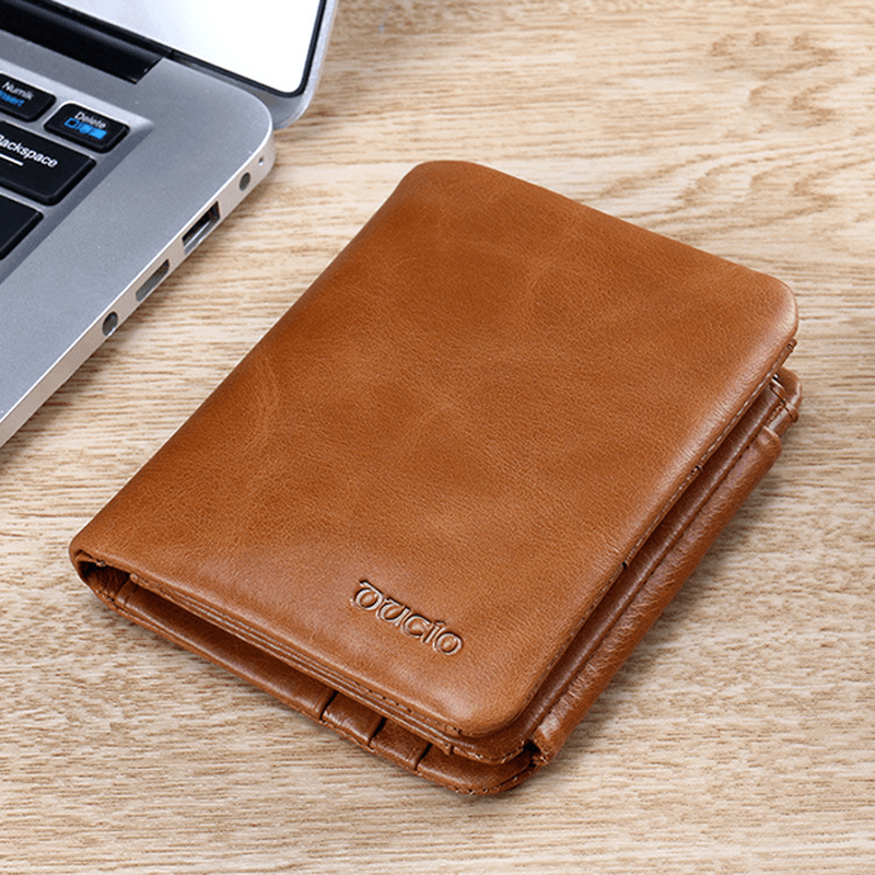 Men Genuine Leather Zipper Pocket 12 Slots Trifold Wallet - MRSLM