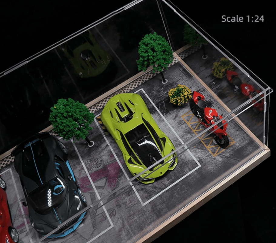 Simulation Car Garage Model Acrylic Display Box Dust Box Solid Wood Parking Lot Model Scene Decoration - MRSLM