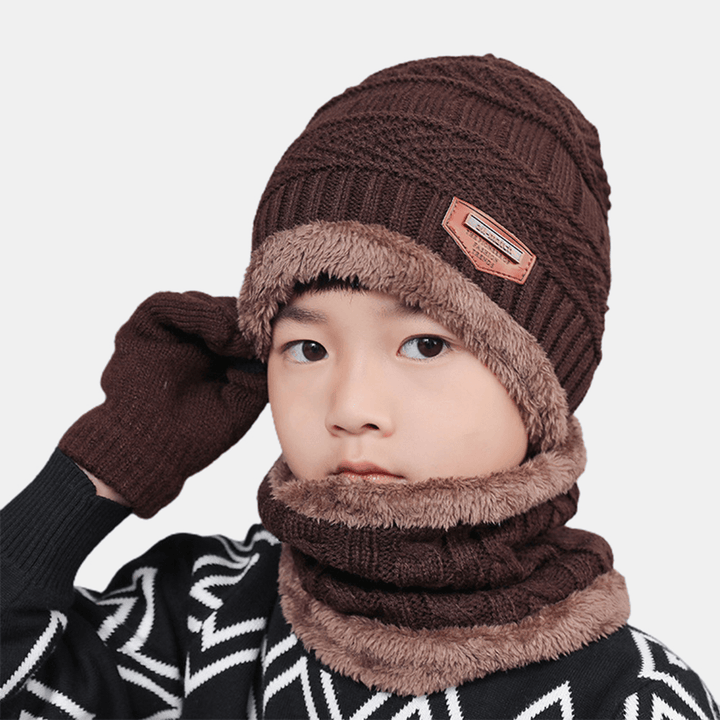 Men Child 3PCS Solid Color Keep Warm Sets Fashion Casual Wool Hat Beanie Scarf Full-Finger Gloves - MRSLM