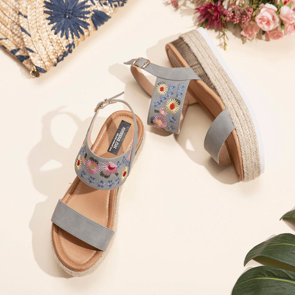 Women Espadrilles Embroidery Flowers Buckle Strap Slingback Platform Sandals - MRSLM