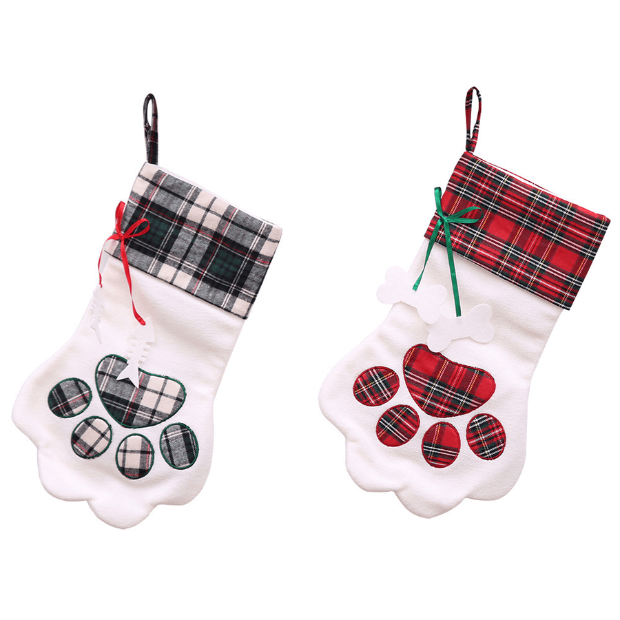 Christmas Socks Red Blue Plaid Dogs Paw Stockings Sacks Hanging New Year Kids Gifts Christmas Party Decorations - MRSLM