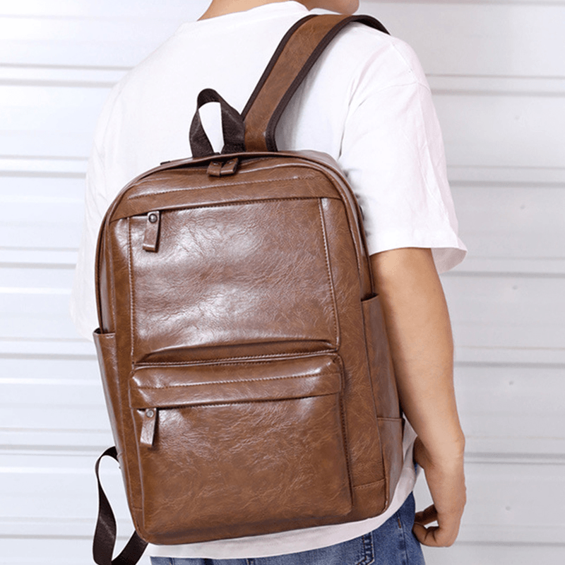 Men USB Charging Faux Leather Business Retro Large Capacity Waterproof 15.6 Inch Laptop Bag Backpack - MRSLM