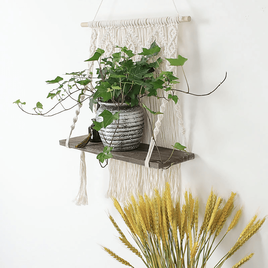 Macrame Plant Hanger Platform Basket Bohemian Hand Woven Tapestry Wood Pot Shelf - MRSLM