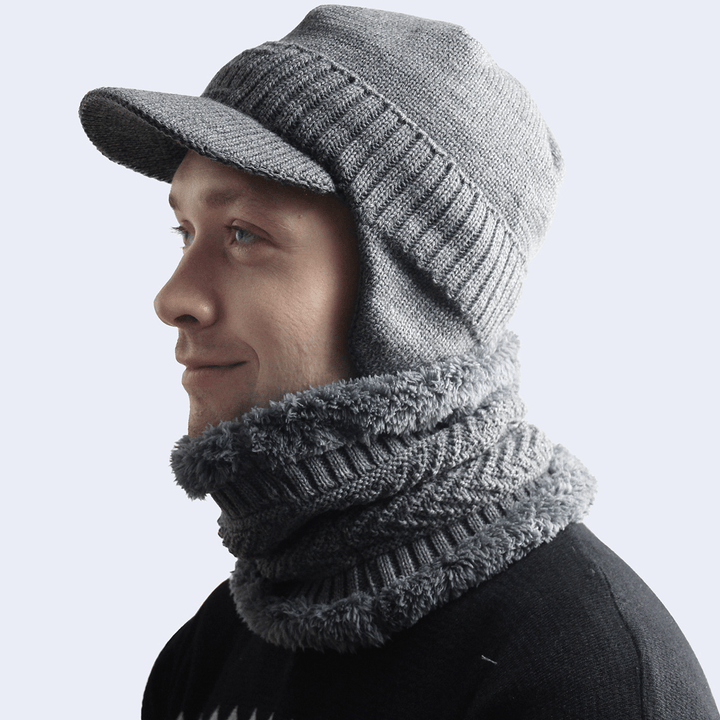 Men'S Velvet Hat with Eaves Autumn and Winter Pullover Cap Bib Set Ear Protection Warm Woolen Cap - MRSLM