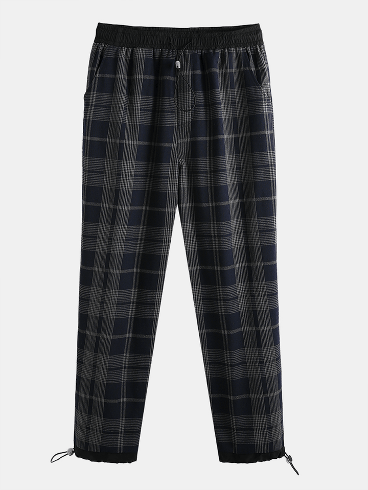 Mens 100% Cotton Tartan Plaid Loose Elastic Waist Cargo Pants with Pocket - MRSLM