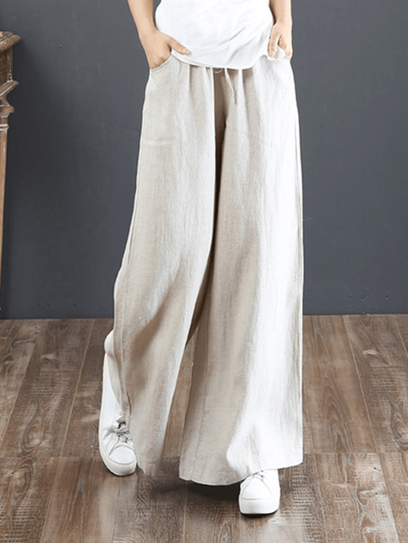 Women Solid Color Elastic Waist Drawstring Wide Leg Pants with Pocket - MRSLM