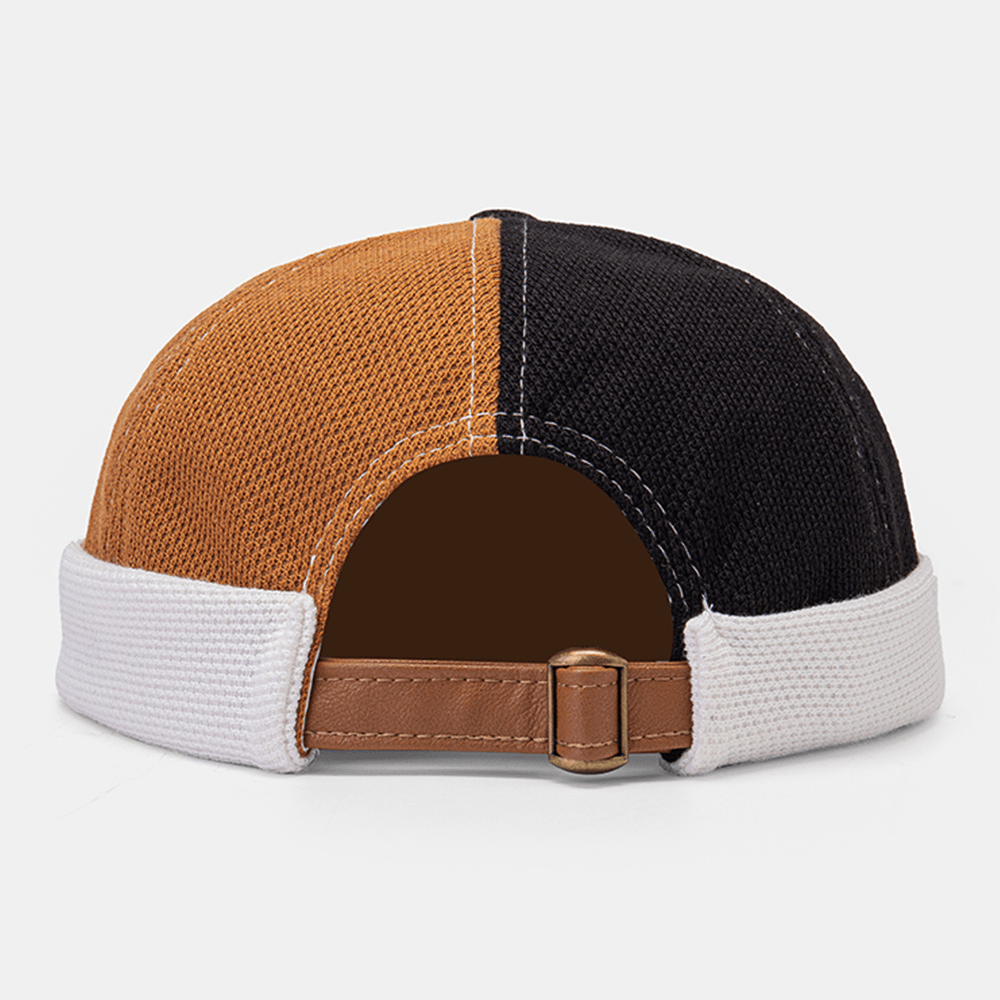 Collrown Men Polar Fleece Color Block Stitching Dome Beanie Skull Cap Autumn Winter Warm Adjustable Leather Buckle Landlord Cap - MRSLM