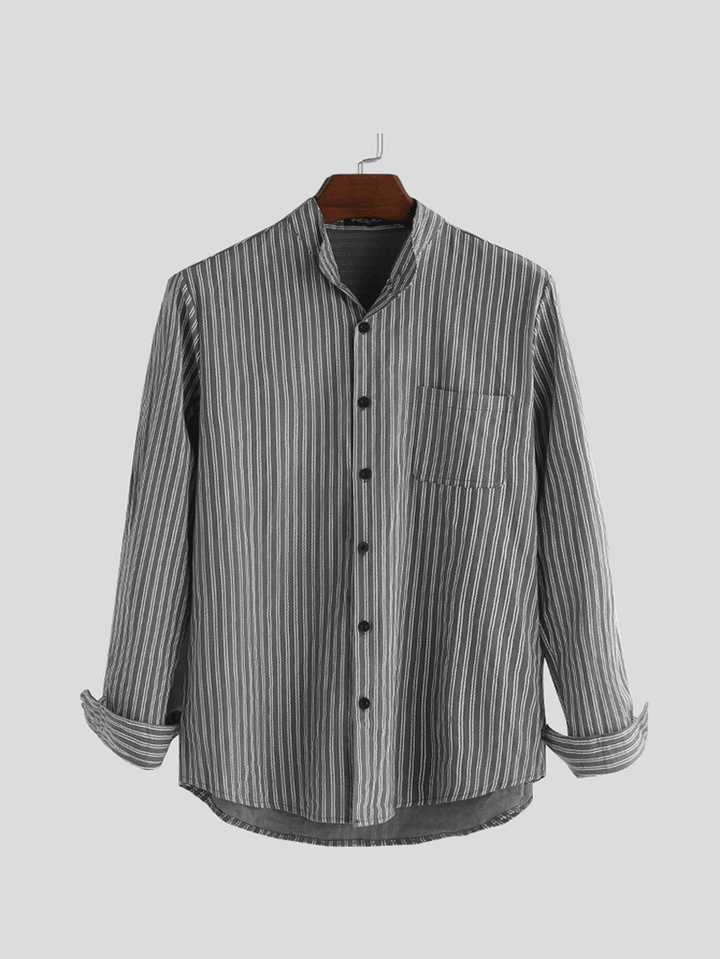 Mens Collarless Shirts Vintage Striped Shirt Grandad Button down Linen Loose Top - MRSLM