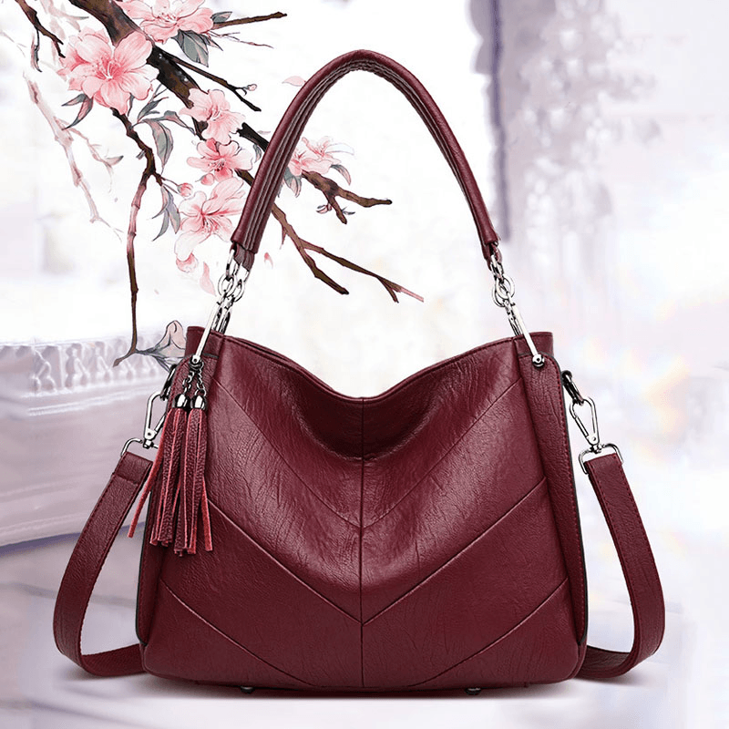 Women Large Capacity Solid Tassel Tote Bag Crossbody Bag Handbag - MRSLM