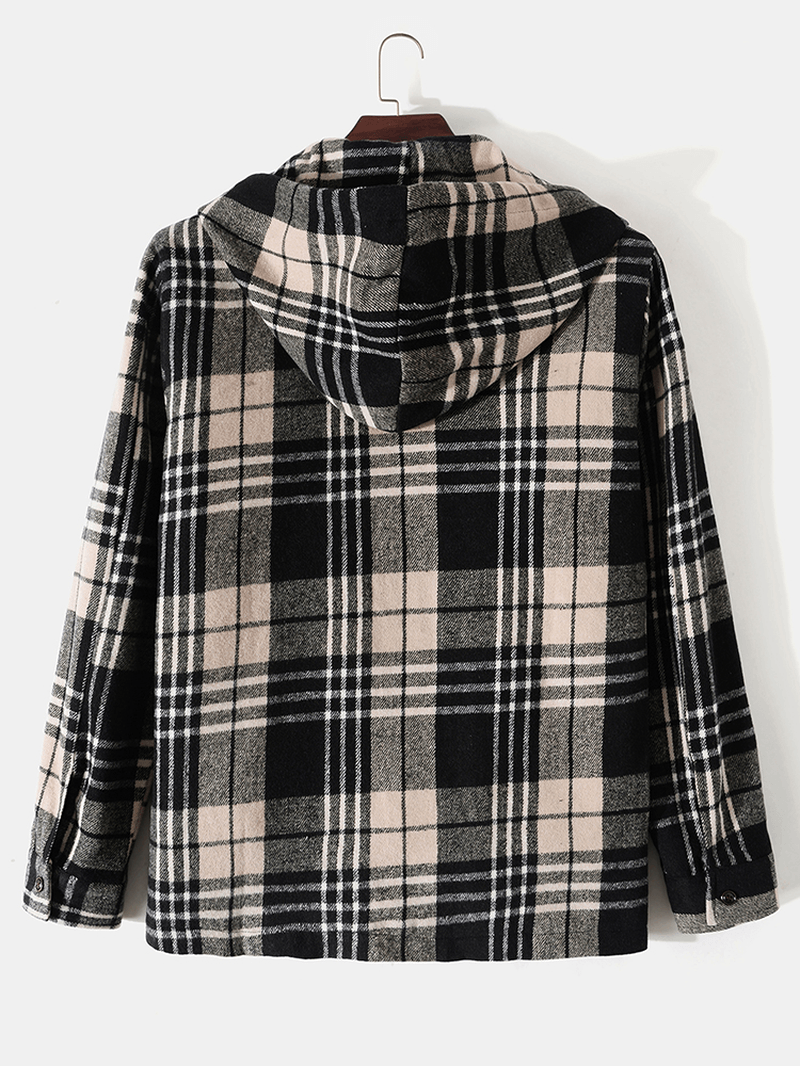 Men Plaid Zipper Double Pockets Button Drawstring Casual Long Sleeve Hooded Jackets - MRSLM