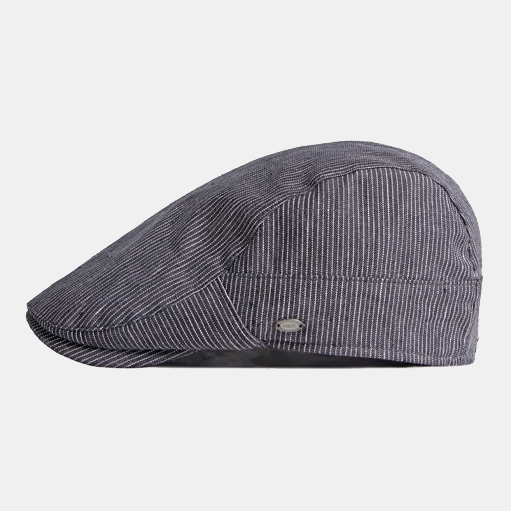 Men Cotton Linen Pinstripe Beret Cap British Retro Metal Label Adjustable Casual Flat Cap - MRSLM