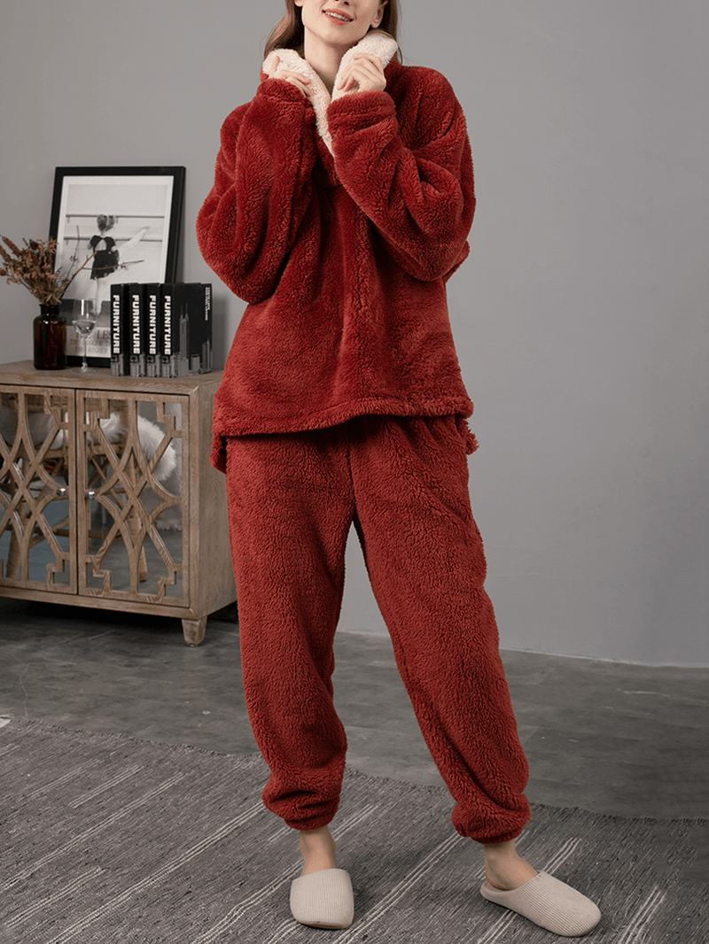 Women Fluffy Plush Thicken Lapel High Low Hem Loungewear Warm Pajamas Set - MRSLM