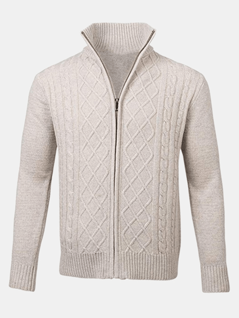 Mens Solid Color Cable Knitting Zipper Long Sleeve Warm Cardigans - MRSLM