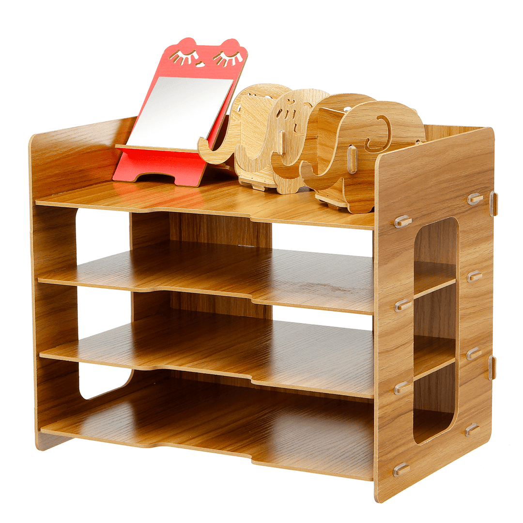 4 Layers Desktop File Organizer Wood Document Holder Letter Tray Storage Rack - MRSLM