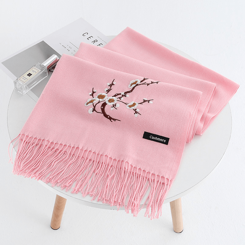 Women Winter Cashmere-Like Plum Embroidery Tassel Scarf - MRSLM