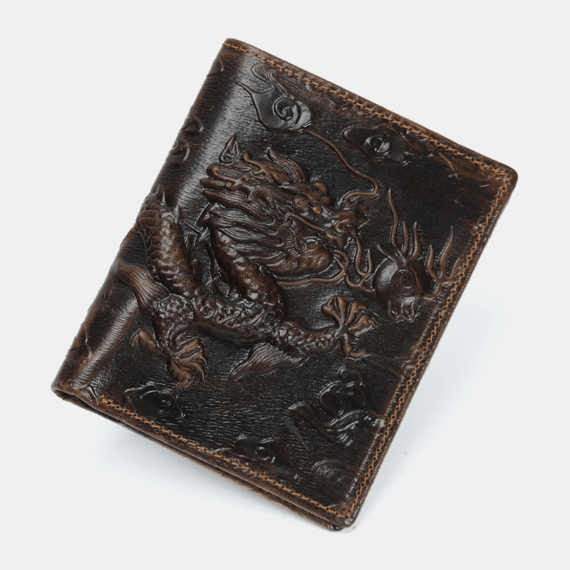 Men Genuine Leather 3D Dragon Pattern Retro Fashion Leather Card Holder Wallet - MRSLM