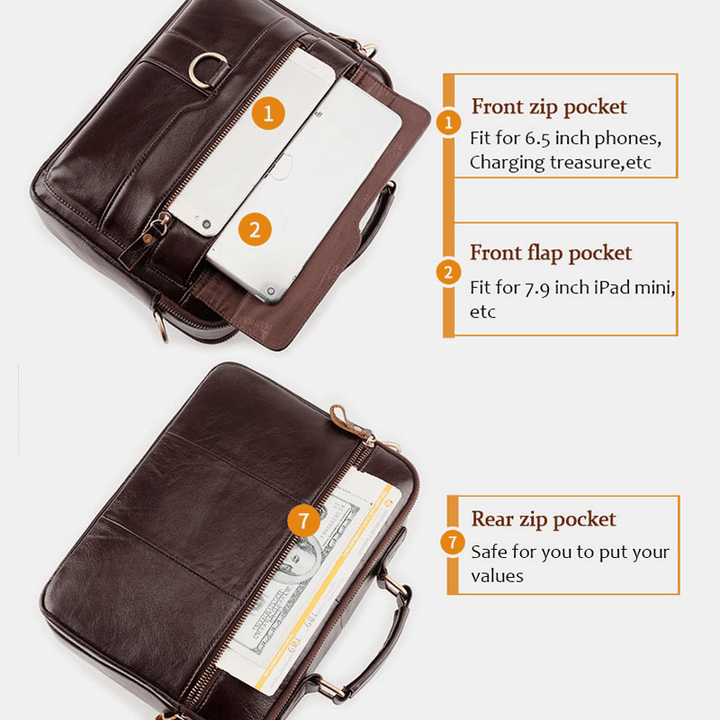 Men Genuine Leather Multi-Pocket Crossbody Bags Large Capacity Retro 6.5 Inch Phone Bag Briefcase Shoulder Bag Handbag - MRSLM