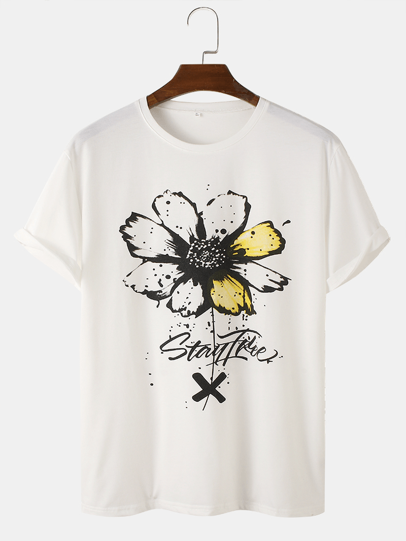 Mens Watercolor Flower Print O-Neck Cotton Short Sleeve T-Shirts - MRSLM