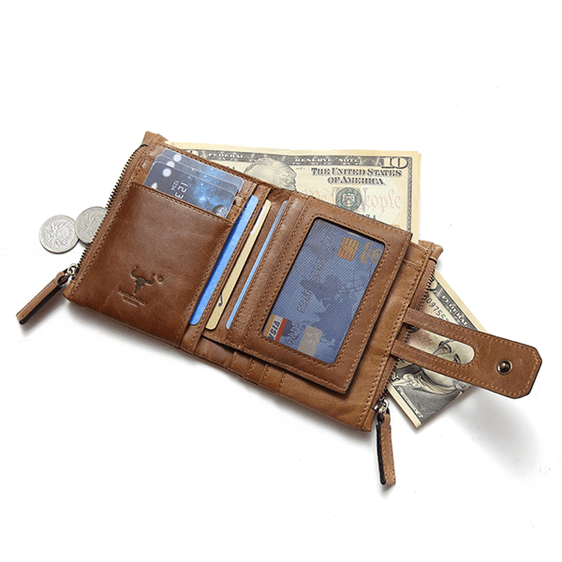 Men Genuine Leather RFID Antimagnetic Double Zipper Wallet - MRSLM