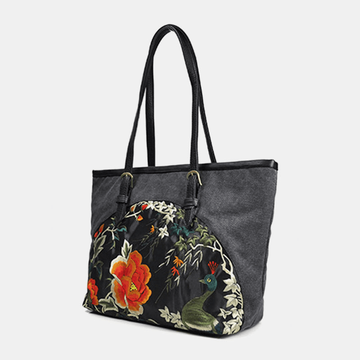 Women Canvas Ethnic Style Embroidered Floral Large Capacity Handbag Shoulder Bag Tote - MRSLM