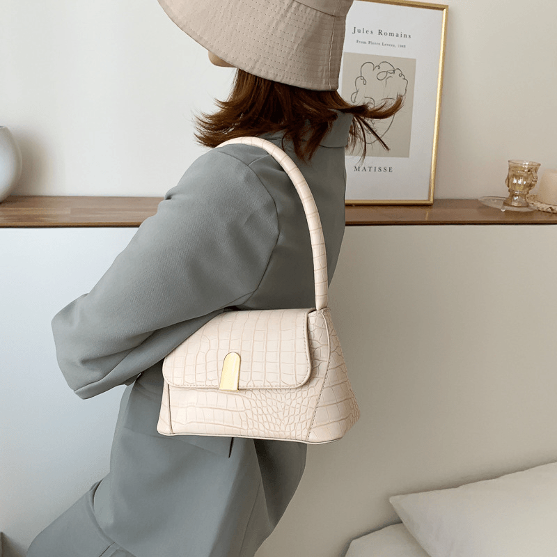 Women PU Leather Solid Color Alligator Pattern Elegant Casual Tote Shoulder Bag Handbag - MRSLM