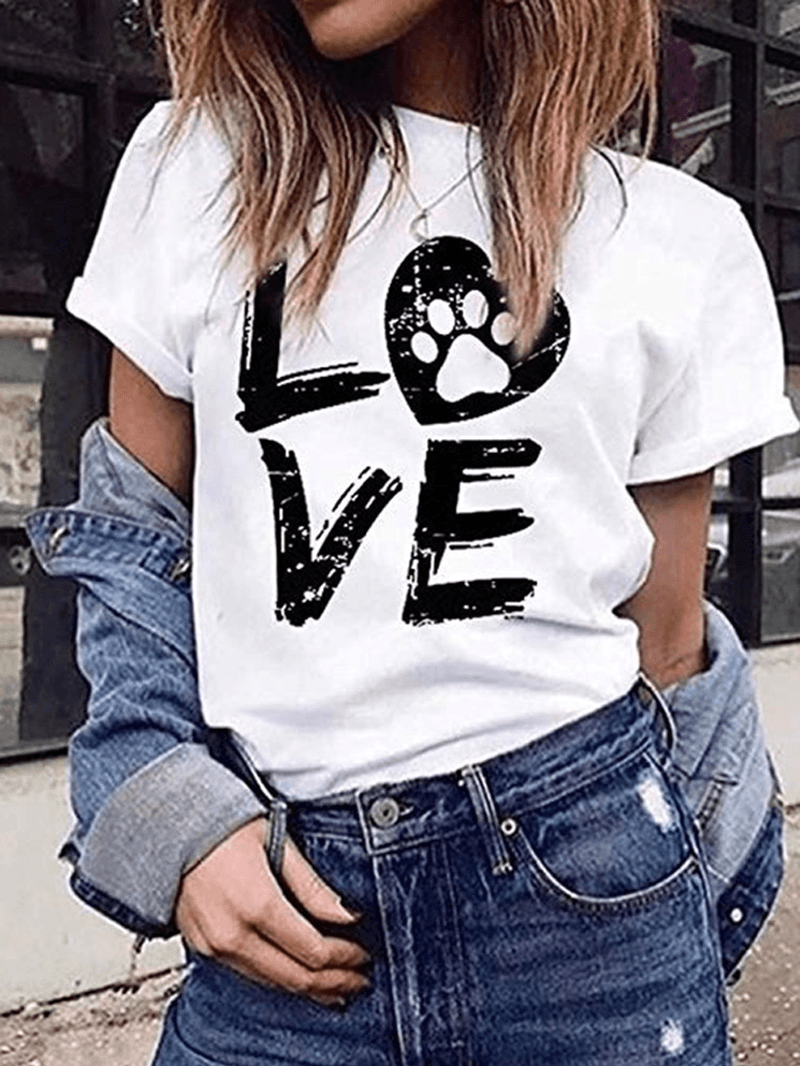 LOVE Print round Neck Short Sleeve Casual T-Shirts for Women - MRSLM